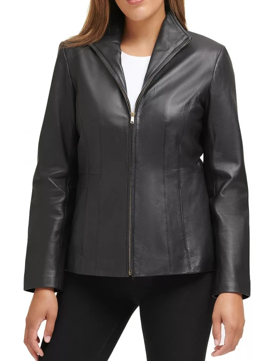 Black Leather Stand Collar Jacket
