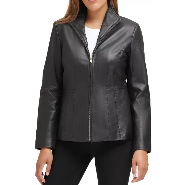 Black Leather Stand Collar Jacket
