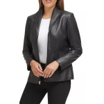 Black Leather Stand Collar Jacket