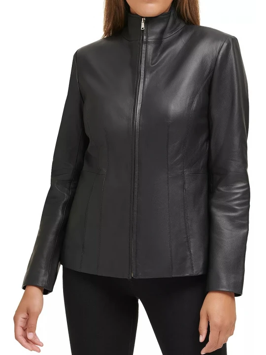Black Leather Stand Collar Jacket