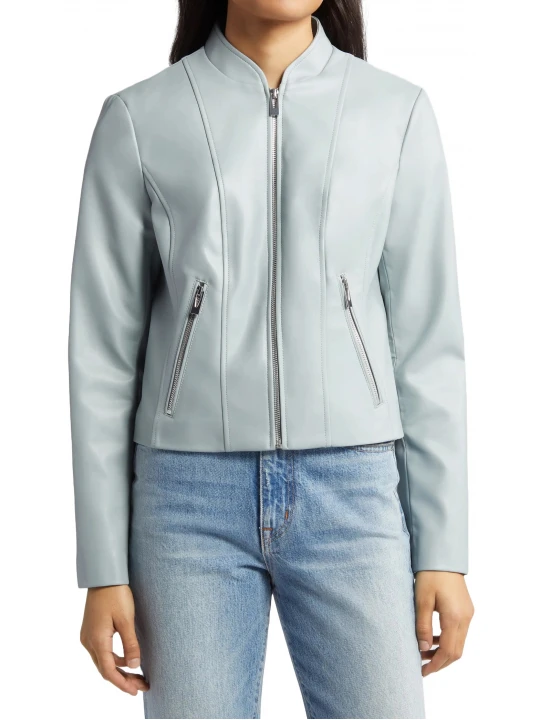 Blue Leather Jacket With Stand Collar