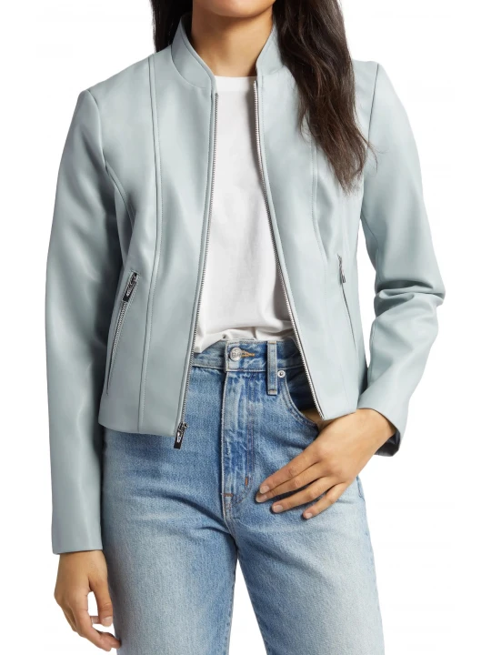 Blue Leather Jacket With Stand Collar