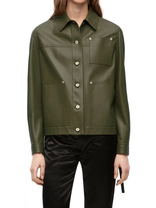 Button Front Fastening Olive Green Leather Jacket
