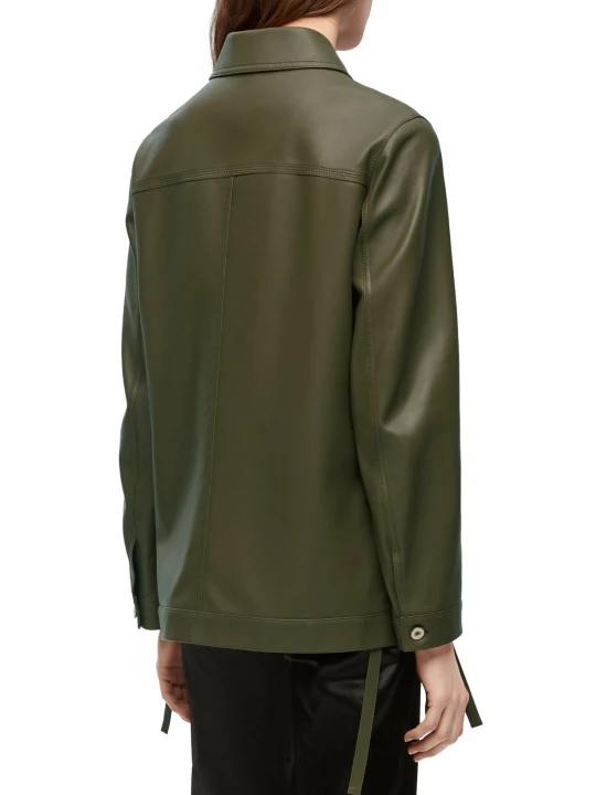 Button Front Fastening Olive Green Leather Jacket