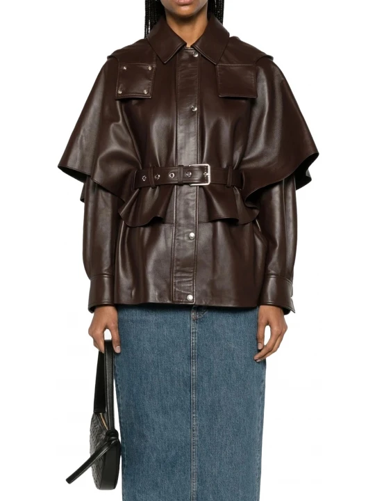 Cape Detailing Brown Leather Jacket
