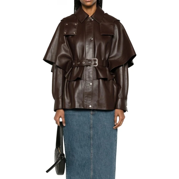 Cape Detailing Brown Leather Jacket