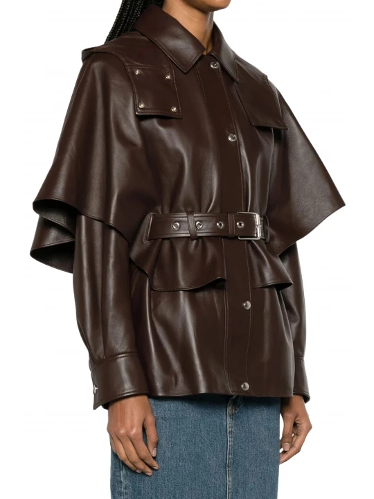 Cape Detailing Brown Leather Jacket