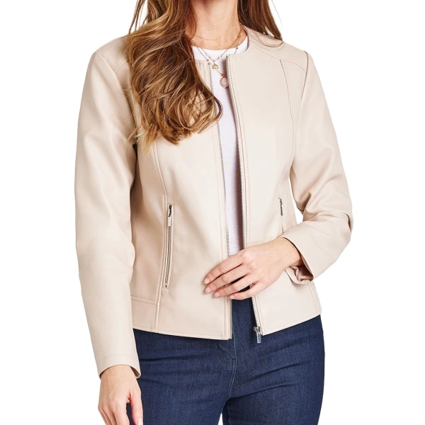 Collarless Beige Leather Jacket