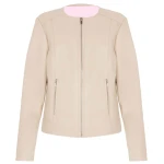 Collarless Beige Leather Jacket