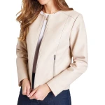 Collarless Beige Leather Jacket