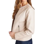 Collarless Beige Leather Jacket