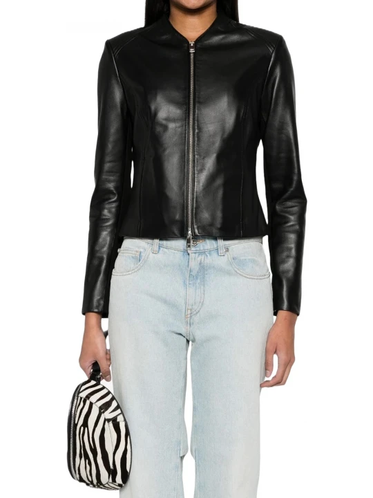 Collarless Black Leather Jacket