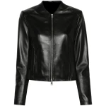 Collarless Black Leather Jacket