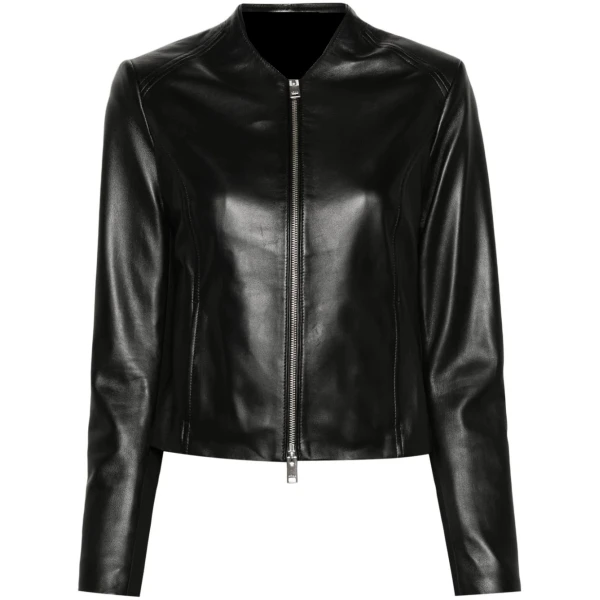 Collarless Black Leather Jacket