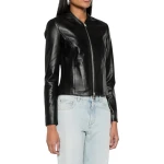 Collarless Black Leather Jacket