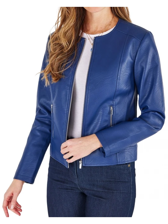 Collarless Blue Leather Jacket