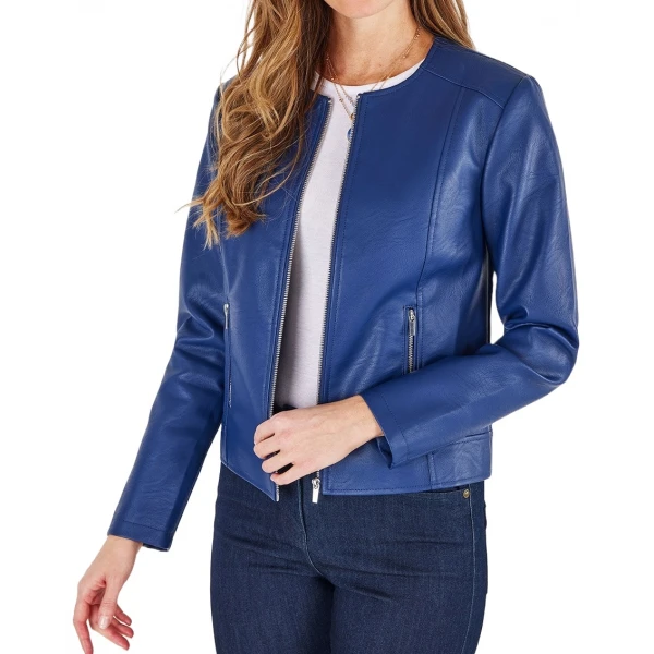 Collarless Blue Leather Jacket
