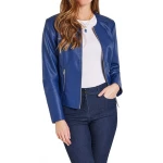 Collarless Blue Leather Jacket