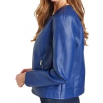 Collarless Blue Leather Jacket