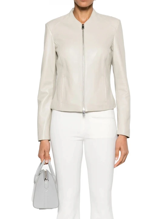 Collarless Cream Leather Jacket