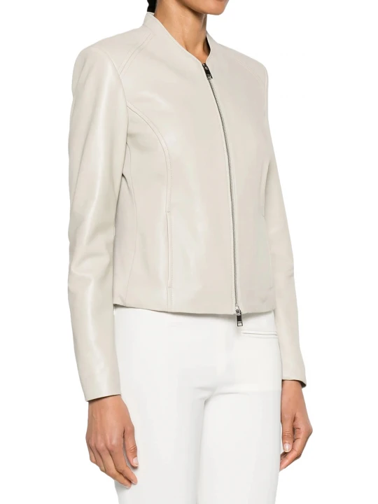 Collarless Cream Leather Jacket