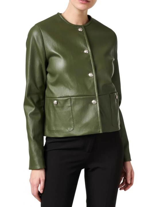 Collarless Olive Green Leather Jacket