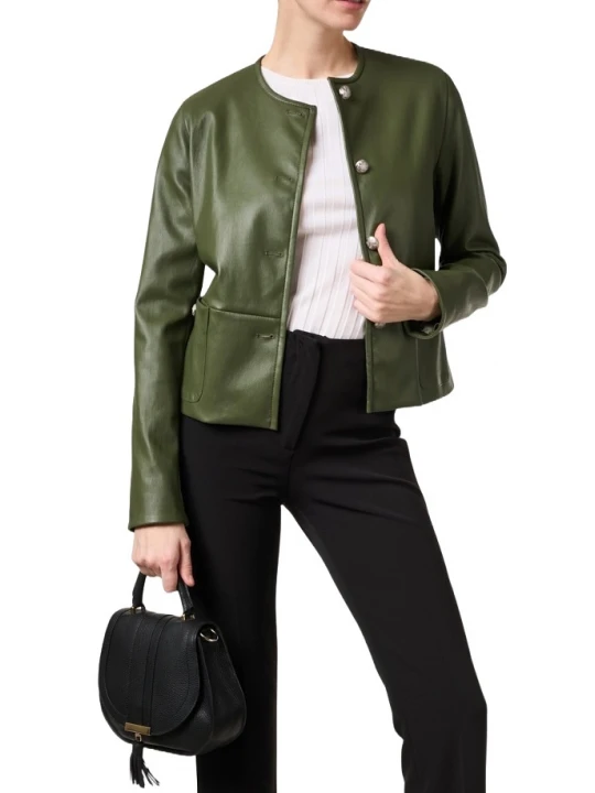 Collarless Olive Green Leather Jacket