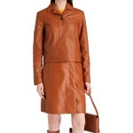 Concealed Button Brown Leather Jacket