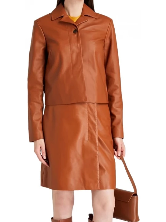 Concealed Button Brown Leather Jacket