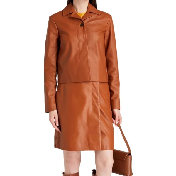 Concealed Button Brown Leather Jacket