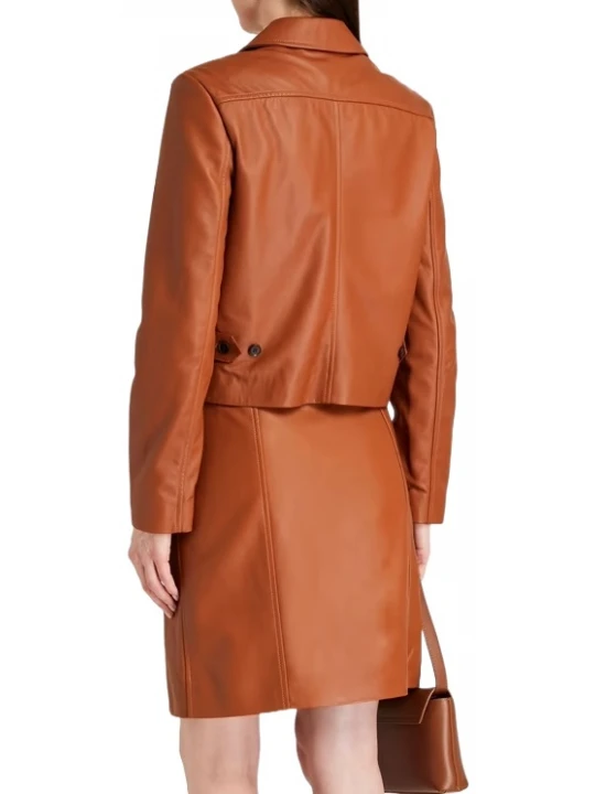 Concealed Button Brown Leather Jacket