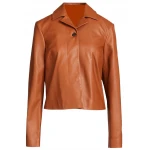 Concealed Button Brown Leather Jacket