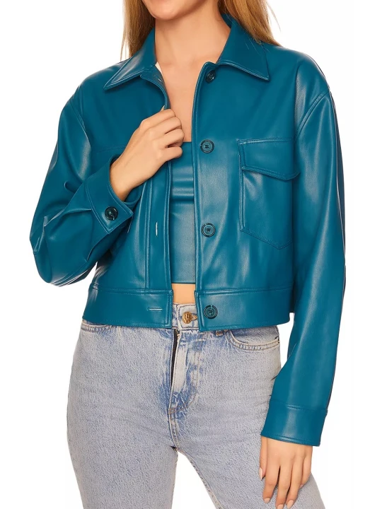 Cropped Blue Leather Jacket