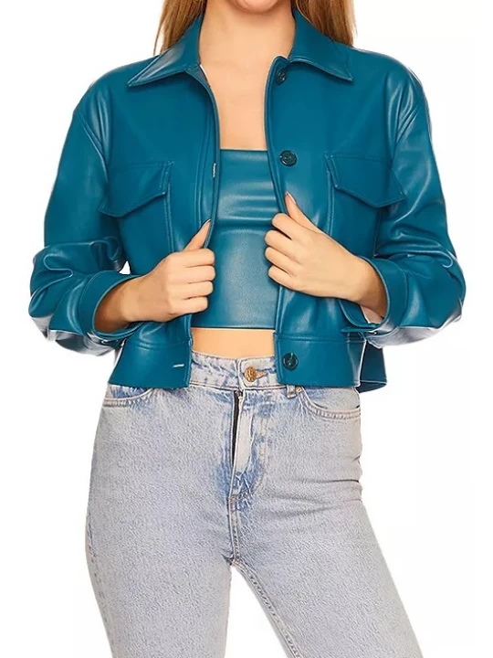 Cropped Blue Leather Jacket
