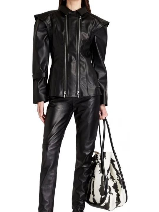 Double Front Zipper Black Leather Jacket