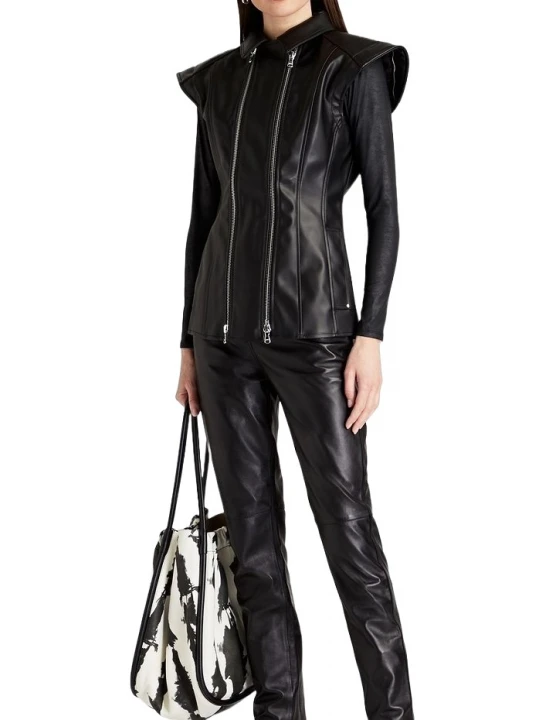 Double Front Zipper Black Leather Jacket