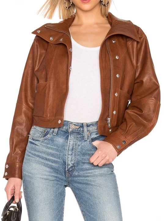 Elasticized Back Hem Brown Leather Jacket