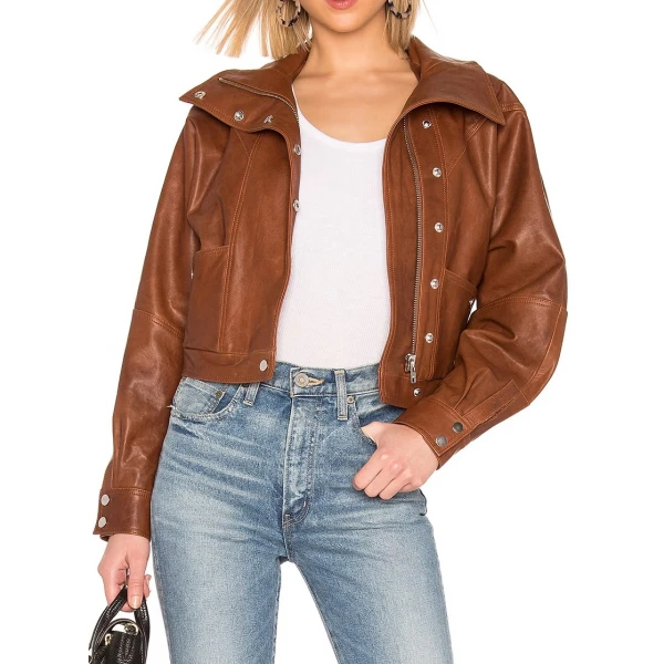 Elasticized Back Hem Brown Leather Jacket