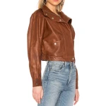 Elasticized Back Hem Brown Leather Jacket