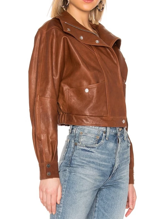 Elasticized Back Hem Brown Leather Jacket