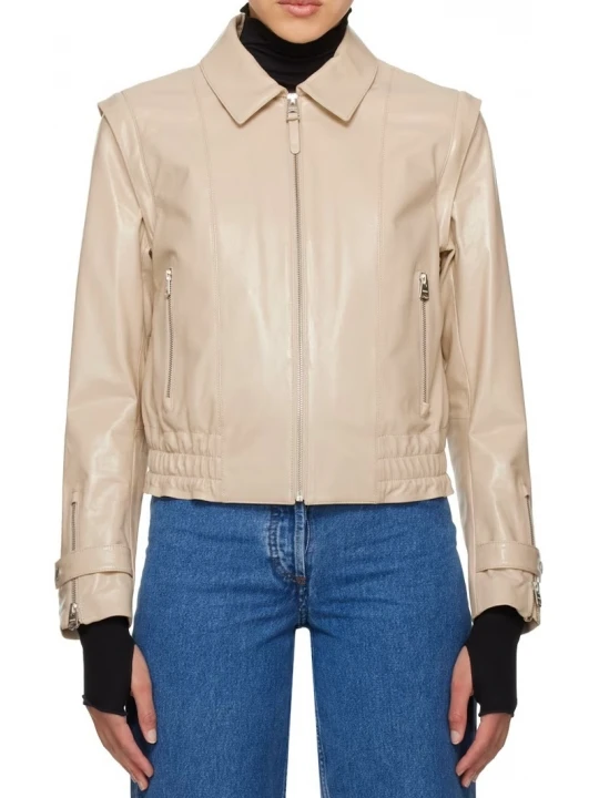 Elasticized Hem Beige Leather Jacket