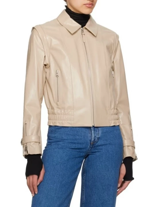 Elasticized Hem Beige Leather Jacket
