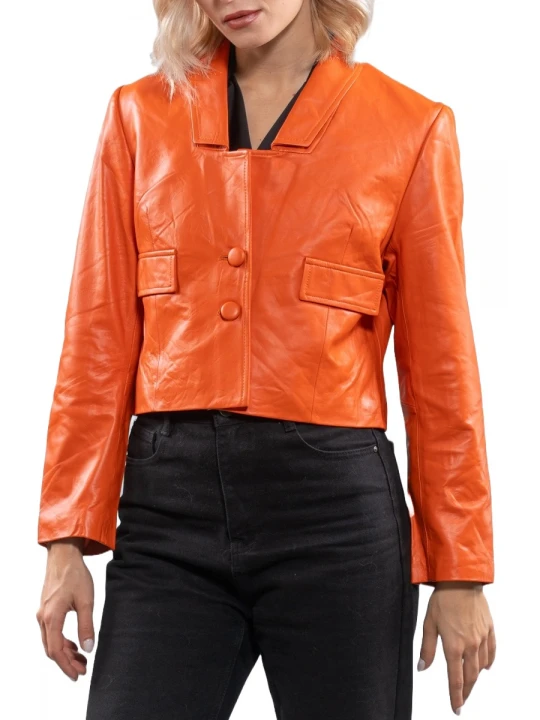 Flap pockets Orange Leather Jacket