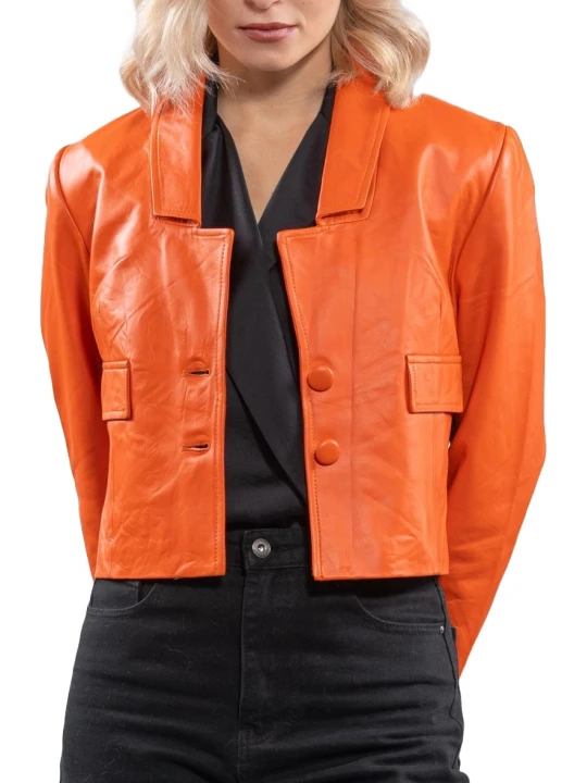 Flap pockets Orange Leather Jacket