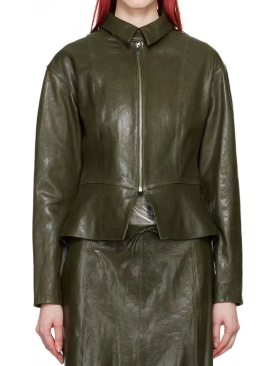 Flared Hem Olive Green Leather Jacket
