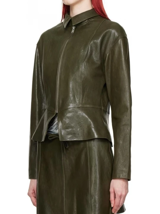 Flared Hem Olive Green Leather Jacket