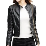 Girls Casual look original goatskin black leather jacket