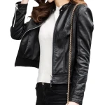 Girls Casual look original goatskin black leather jacket