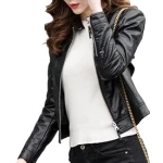 Girls Casual look original goatskin black leather jacket