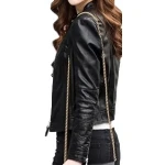 Girls Casual look original goatskin black leather jacket